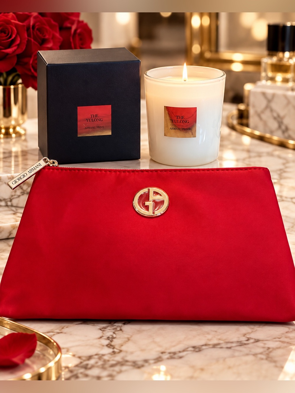 Giorgio Armani Red Satin Logo Zip Pouch & Armani Prive Candle- GWP